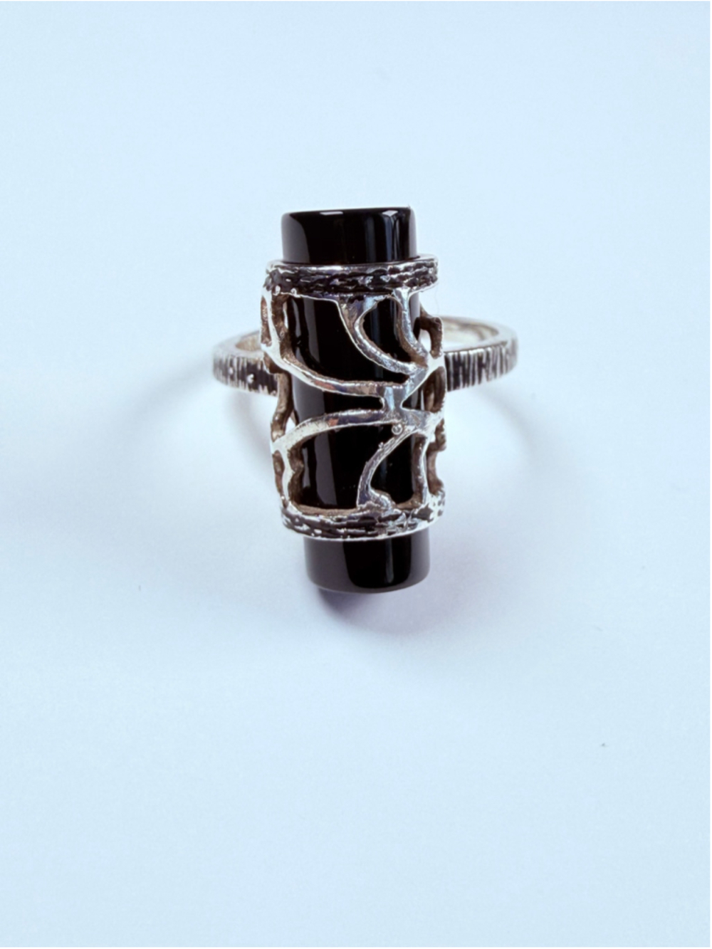 Jet Black Onyx Cylinder Barrel Bar Ornate 925 Sterling Silver Vintage RIng